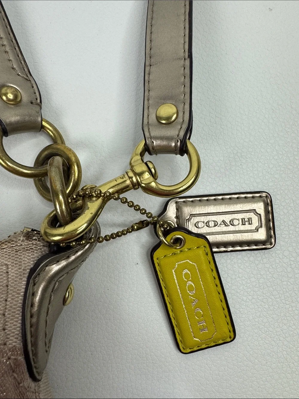 Coach Signature C Canvas Crossbody Bag Beige Gold Leather Trim Coral lined